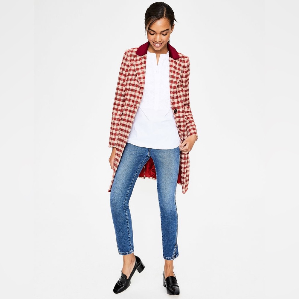 Boden Eastbourne Wool Blend Houndstooth Coat Red Cream UK 14L / US 10L - Picture 3 of 16